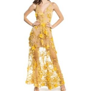 DRESS THE POPULATION sz M yellow appliqué lace floral maxi dress gown worn once